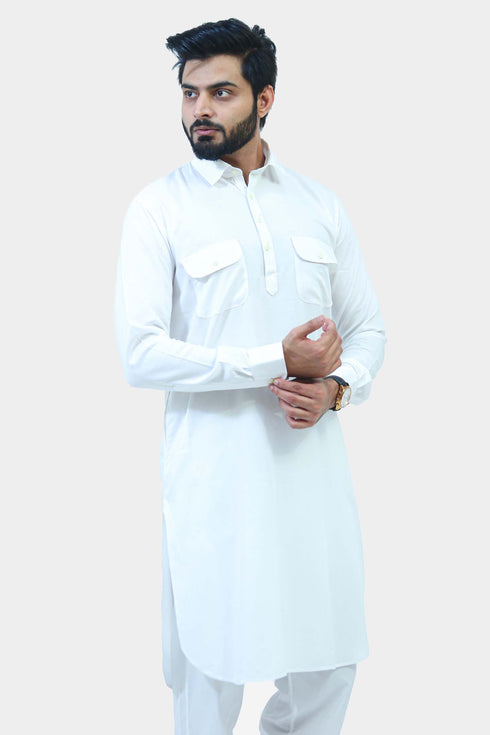 Veshbhoshaa Bluesaanchi Men'S White Pathani Kurta Set